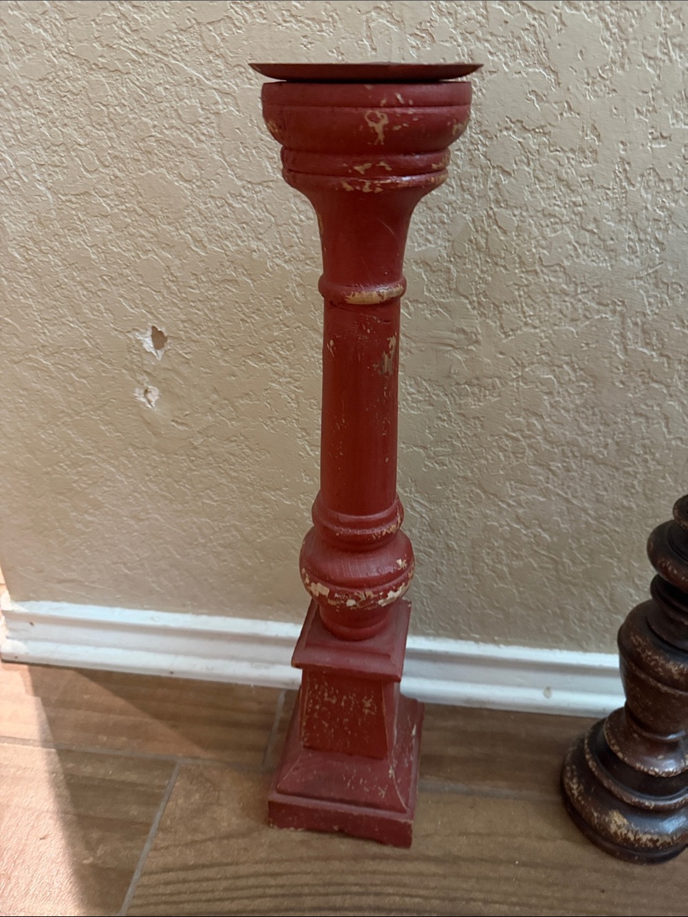 Red Decorative Wood Candlestick Pillar - Unbranded